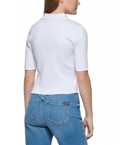 Women's Ribbed Knit Cotton Polo Top White $21.94 Tops