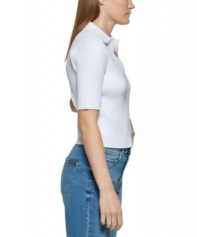 Women's Ribbed Knit Cotton Polo Top White $21.94 Tops