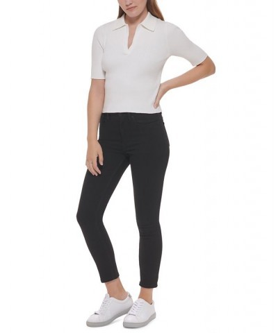 Women's Ribbed Knit Cotton Polo Top White $21.94 Tops