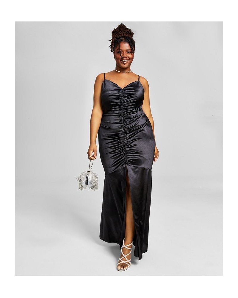 Trendy Plus Size Ruched Satin Gown Black $50.49 Dresses