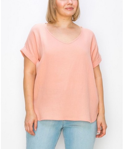 Plus Size Gauze V-neck Rolled Sleeve Top Orange $21.50 Tops