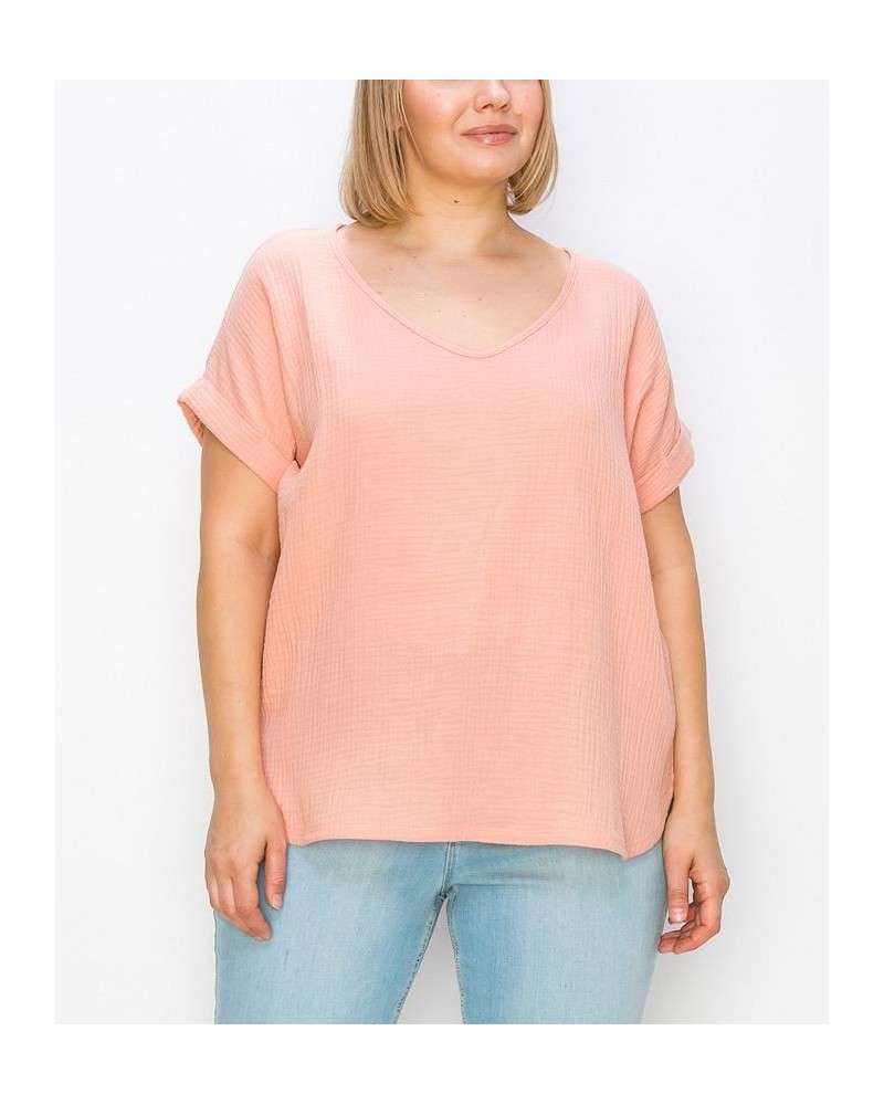 Plus Size Gauze V-neck Rolled Sleeve Top Orange $21.50 Tops