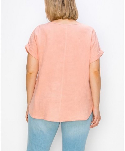 Plus Size Gauze V-neck Rolled Sleeve Top Orange $21.50 Tops