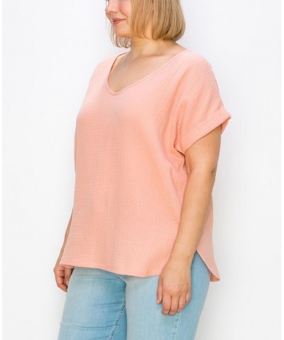 Plus Size Gauze V-neck Rolled Sleeve Top Orange $21.50 Tops