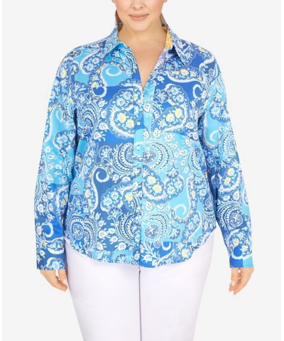 Plus Size Wrinkle Resistant Printed Button Down Pool Multi $37.44 Tops