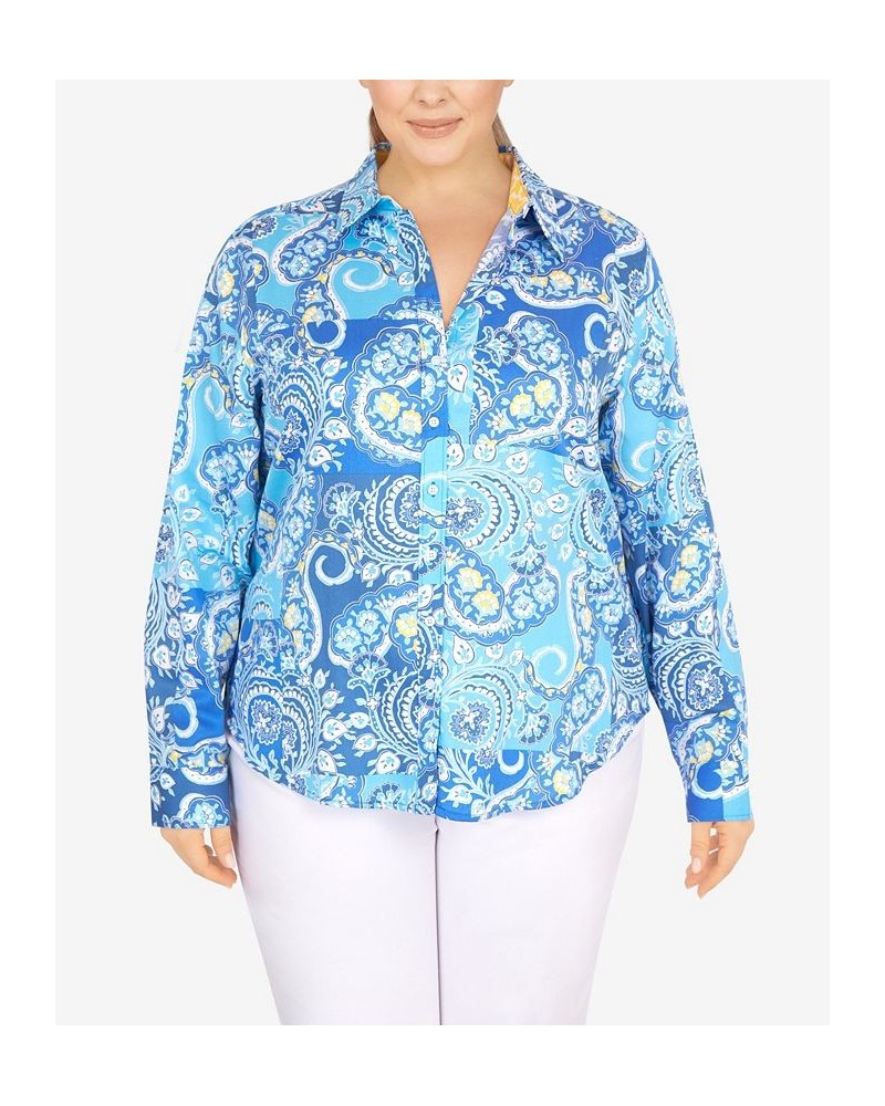 Plus Size Wrinkle Resistant Printed Button Down Pool Multi $37.44 Tops