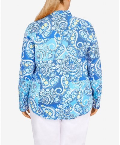 Plus Size Wrinkle Resistant Printed Button Down Pool Multi $37.44 Tops