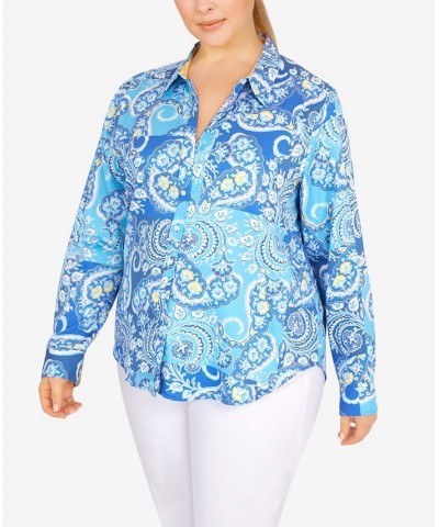 Plus Size Wrinkle Resistant Printed Button Down Pool Multi $37.44 Tops