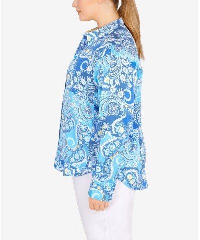 Plus Size Wrinkle Resistant Printed Button Down Pool Multi $37.44 Tops