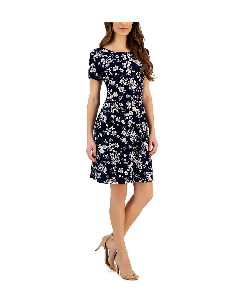 Women's Printed Round-Neck Sheath Dress Navy $37.13 Dresses