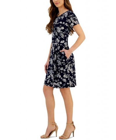 Women's Printed Round-Neck Sheath Dress Navy $37.13 Dresses