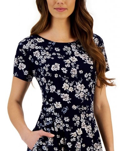 Women's Printed Round-Neck Sheath Dress Navy $37.13 Dresses