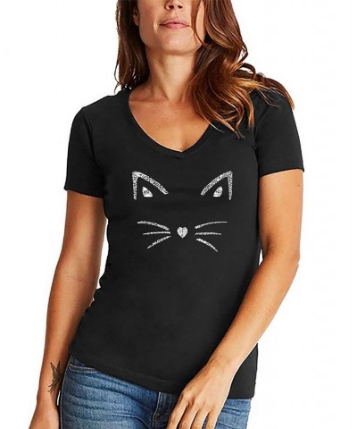 Women's V-neck Word Art Whiskers T-shirt Black $20.64 Tops