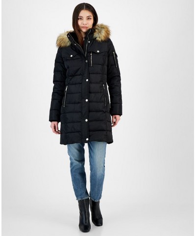 Women's Faux-Fur-Trim Hooded Puffer Coat Black $63.00 Coats
