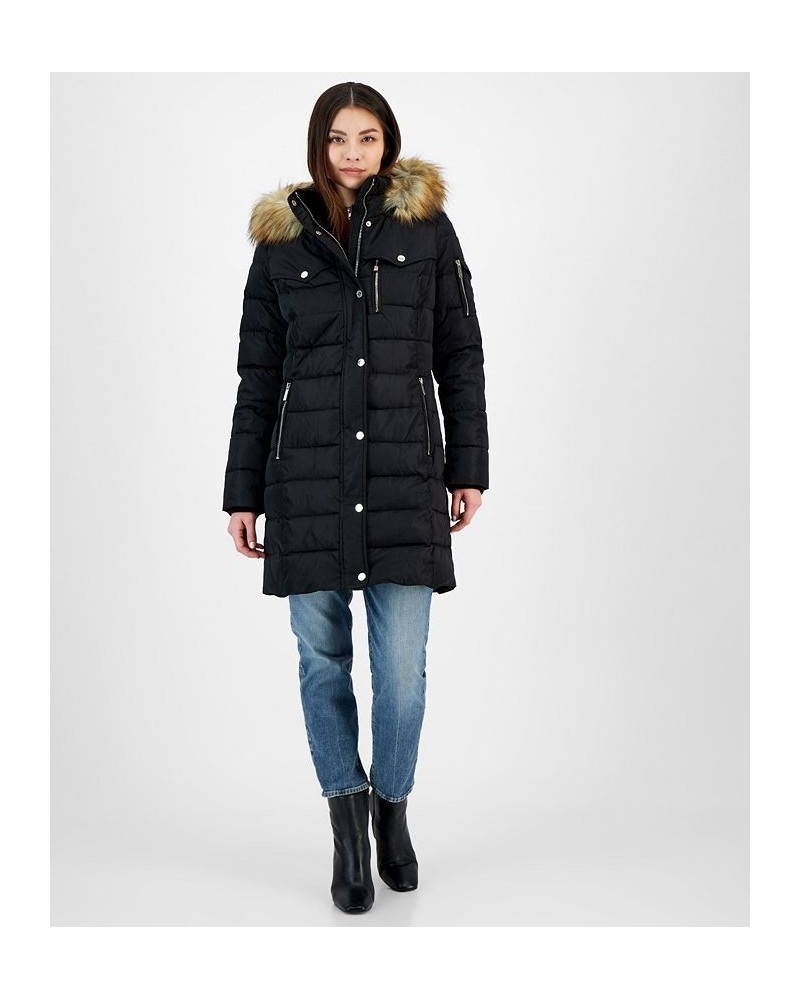 Women's Faux-Fur-Trim Hooded Puffer Coat Black $63.00 Coats