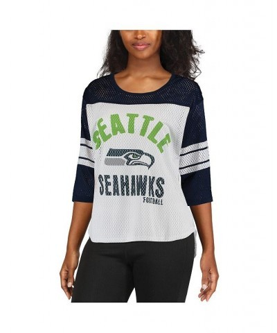 Women's Seattle Seahawks First Team Three-Quarter Sleeve Mesh T-shirt White, College Navy $19.20 Tops