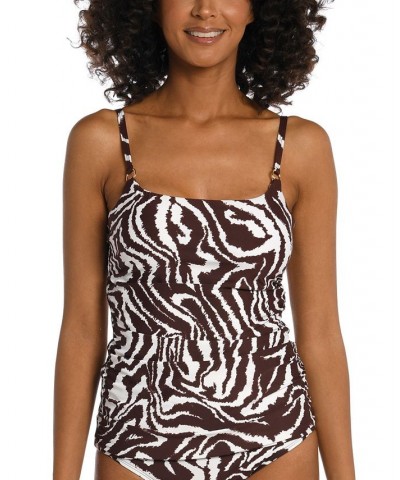 Women's Fierce Lines Side-Shirred Tankini Top Zebra Print / Java $33.48 Swimsuits