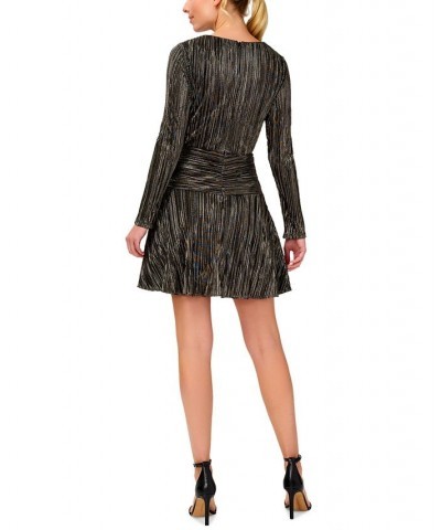 Women's V-Neck Long-Sleeve Dress Black Gold $96.60 Dresses