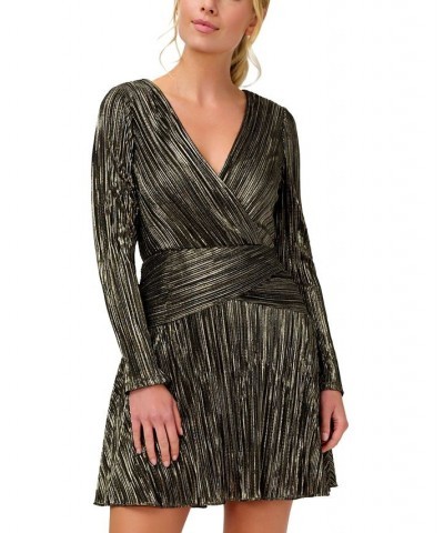 Women's V-Neck Long-Sleeve Dress Black Gold $96.60 Dresses