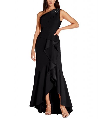 One-Shoulder Beaded Ruffled Gown Black $78.87 Dresses