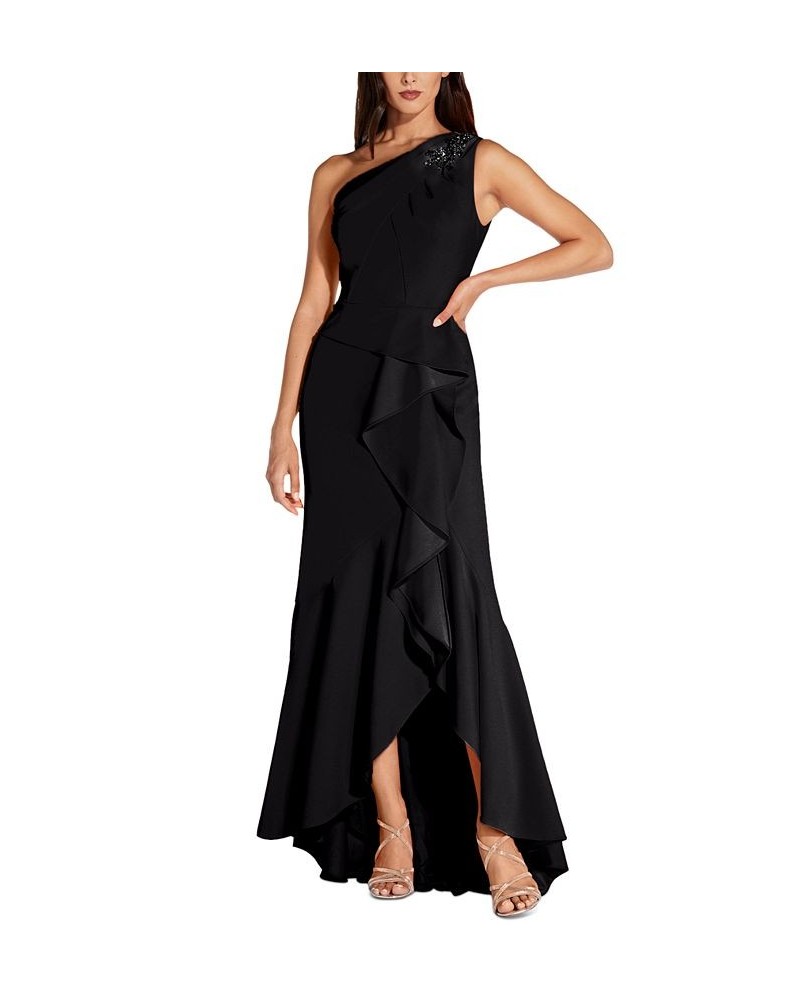 One-Shoulder Beaded Ruffled Gown Black $78.87 Dresses