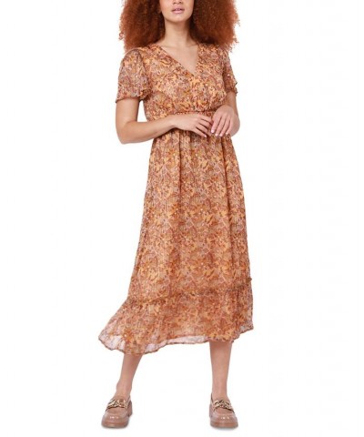 Women's Flutter-Sleeve Floral-Print Midi Dress Gold Paisley $38.27 Dresses