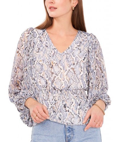 Women's V-Neck Smocked Peplum Top Blue Snake $20.94 Tops