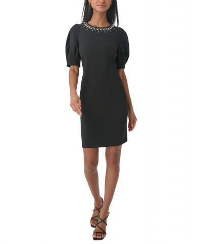 Women's Scuba-Crepe Puff-Sleeve Sheath Dress Black $69.52 Dresses