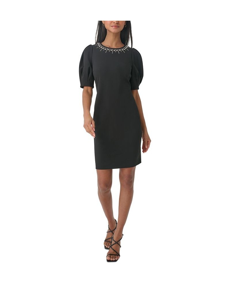 Women's Scuba-Crepe Puff-Sleeve Sheath Dress Black $69.52 Dresses