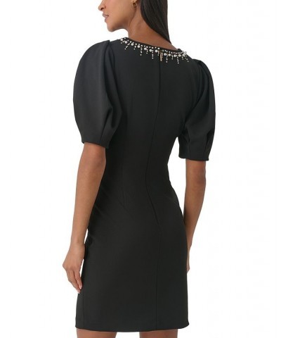 Women's Scuba-Crepe Puff-Sleeve Sheath Dress Black $69.52 Dresses