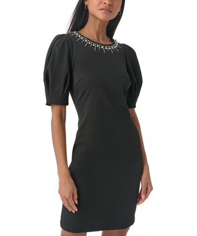 Women's Scuba-Crepe Puff-Sleeve Sheath Dress Black $69.52 Dresses