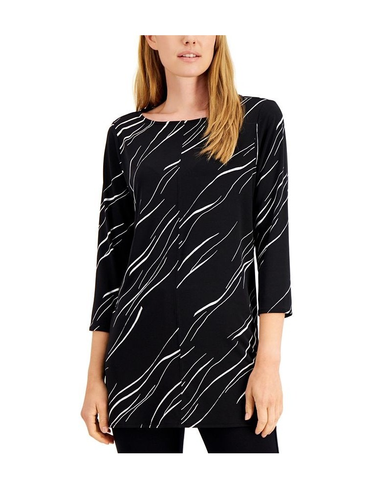 Women's Boat-Neck 3/4-Sleeve Printed Tunic Black Linear Breeze $15.99 Tops