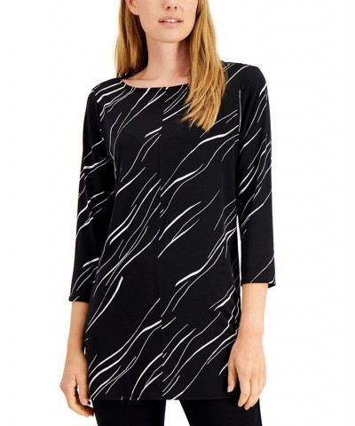 Women's Boat-Neck 3/4-Sleeve Printed Tunic Black Linear Breeze $15.99 Tops