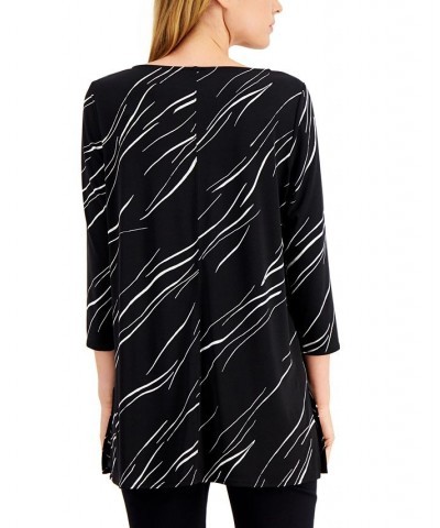 Women's Boat-Neck 3/4-Sleeve Printed Tunic Black Linear Breeze $15.99 Tops