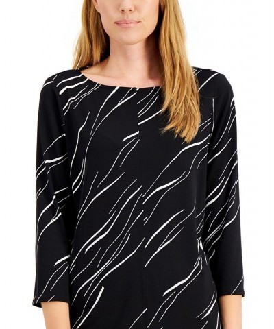 Women's Boat-Neck 3/4-Sleeve Printed Tunic Black Linear Breeze $15.99 Tops