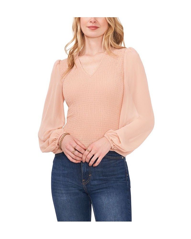 Women's Long Sleeve Smocked Bodice V-Neck Top Pink $20.70 Tops