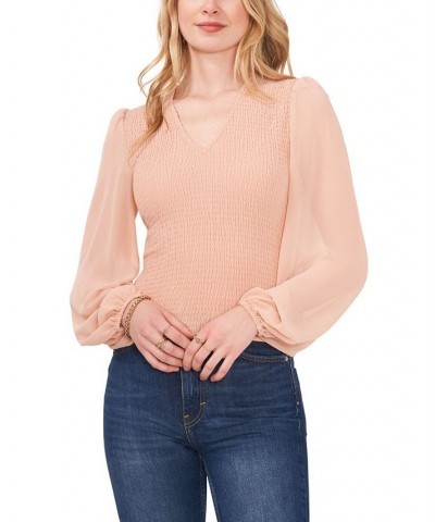 Women's Long Sleeve Smocked Bodice V-Neck Top Pink $20.70 Tops