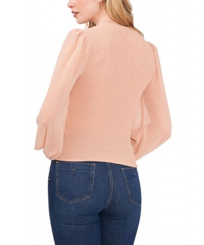 Women's Long Sleeve Smocked Bodice V-Neck Top Pink $20.70 Tops