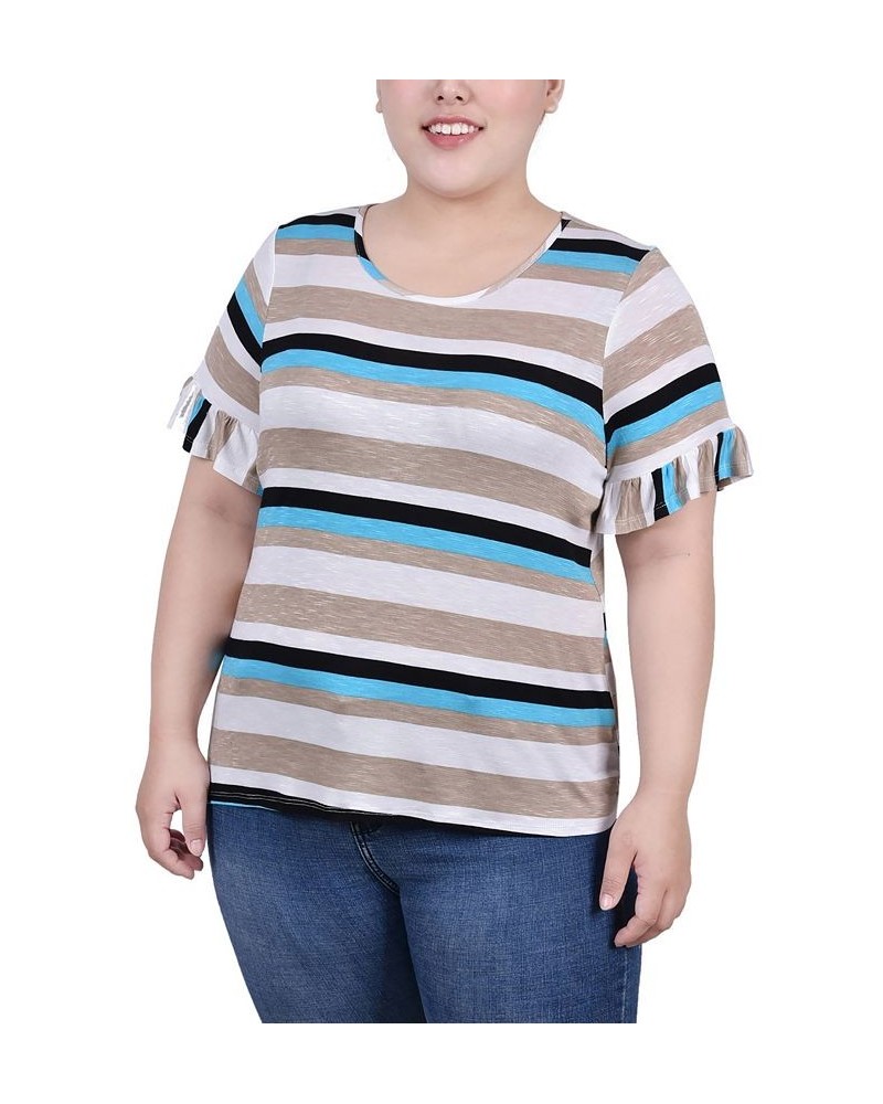 Plus Size Short Bell Sleeve Top Turquoise Multi Stripe $11.04 Tops