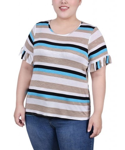 Plus Size Short Bell Sleeve Top Turquoise Multi Stripe $11.04 Tops