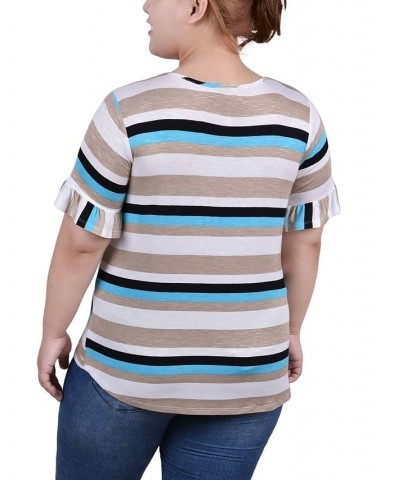 Plus Size Short Bell Sleeve Top Turquoise Multi Stripe $11.04 Tops