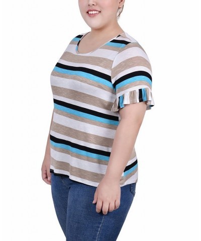 Plus Size Short Bell Sleeve Top Turquoise Multi Stripe $11.04 Tops