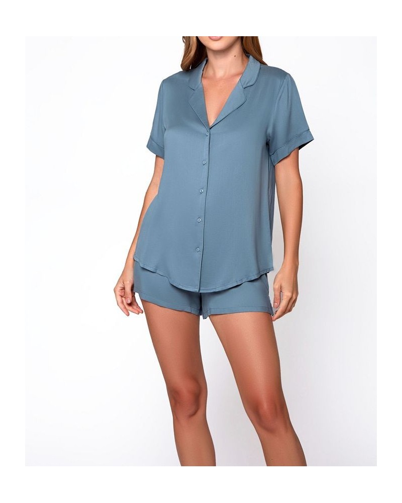 Women's Bree Modal Button Front Knotched Collar Shirt and Elastic Waist Shorts 2-Piece Set Blue $38.12 Sleepwear