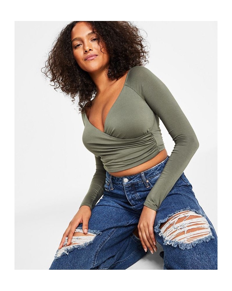 Women's Long-Sleeve Surplice Cropped Top Green $14.60 Tops