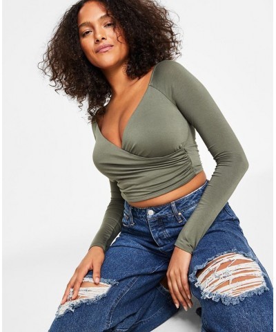 Women's Long-Sleeve Surplice Cropped Top Green $14.60 Tops