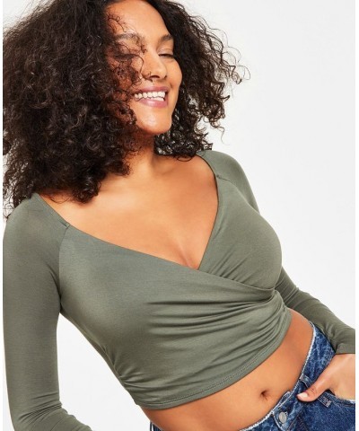 Women's Long-Sleeve Surplice Cropped Top Green $14.60 Tops