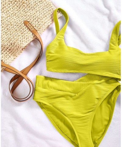 Juniors' Mint Spark Variegated Ribbed Bralette Bikini Top & Bottoms Yellow $14.00 Swimsuits