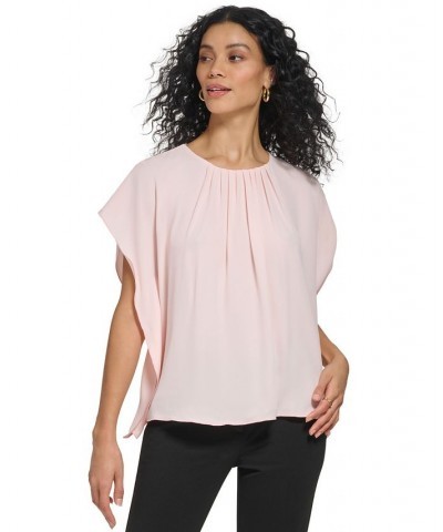 Women's Shirred Crewneck Flutter Sleeve Pink $15.99 Tops