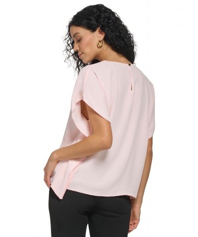 Women's Shirred Crewneck Flutter Sleeve Pink $15.99 Tops