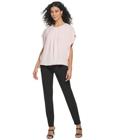 Women's Shirred Crewneck Flutter Sleeve Pink $15.99 Tops